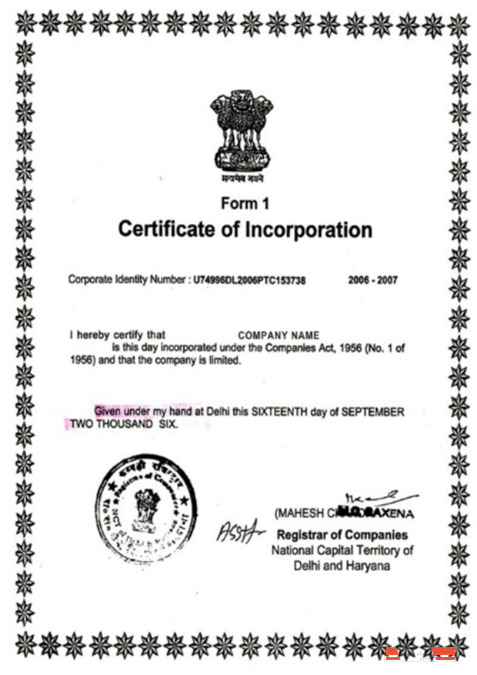 India Certificate of Incorporation